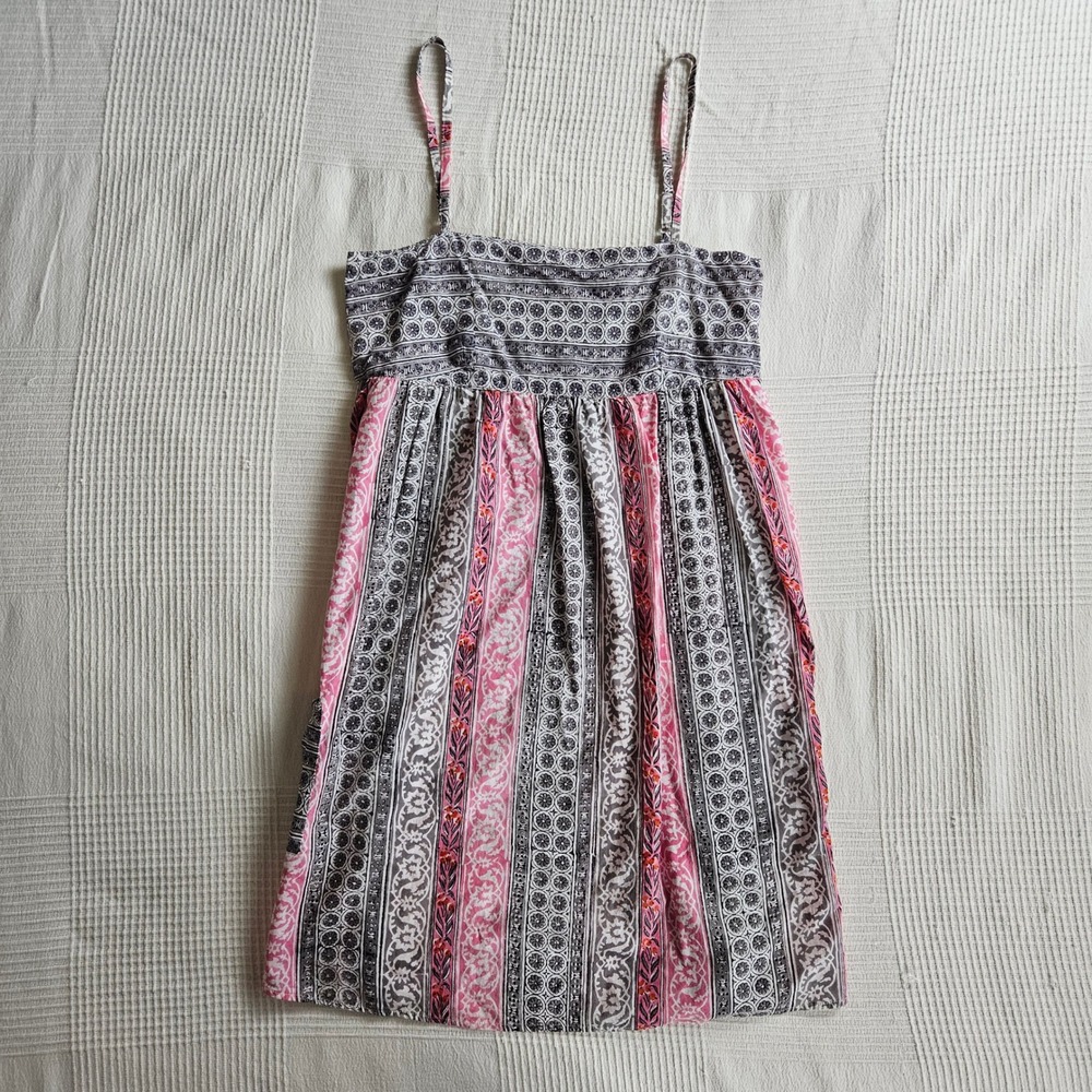 Anokhi Pink Grey Cotton Geometric Floral Euro Summer Cottage Sundress Size Small